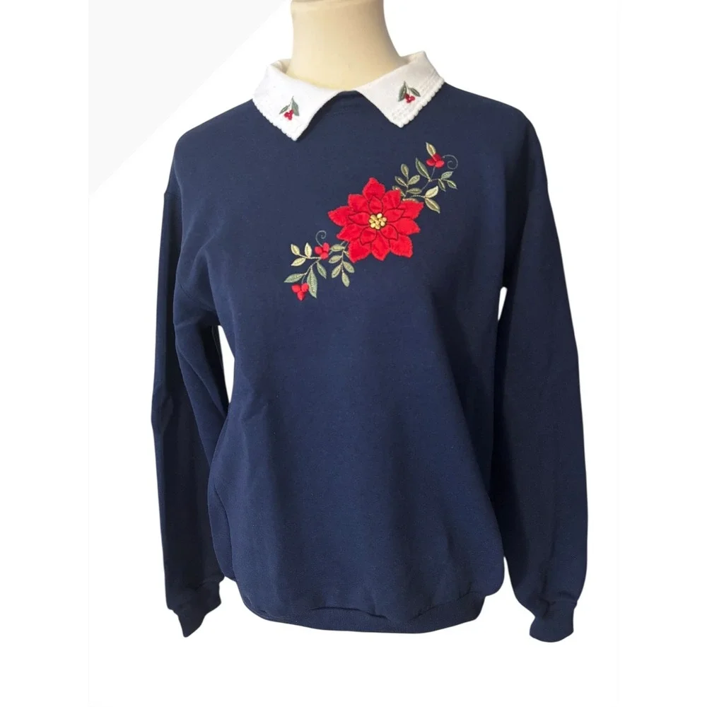 Navy Blue Embroidered‎ Poinsettia Flower Collar Sweatshirt. SZ Medium. Holiday.